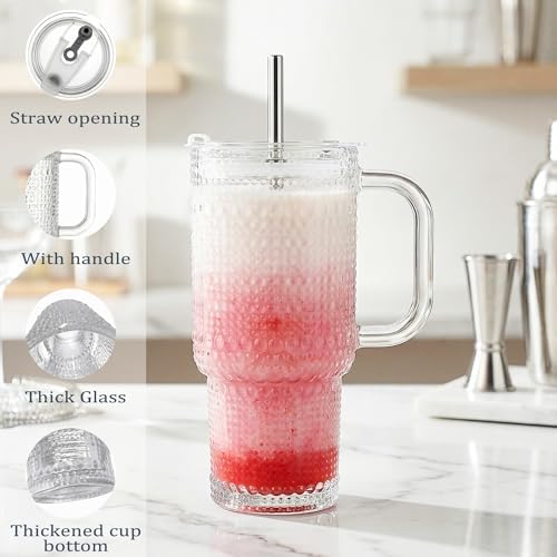 WACOI Thick Hobnail Glass Cup with Lids and Straws 18 oz, 2 Pack