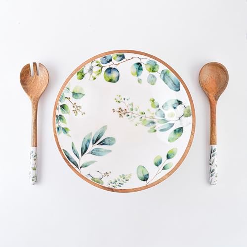 12.5" Large Wooden Salad Bowl with Servers, 3 Piece Wood Serving Bowl