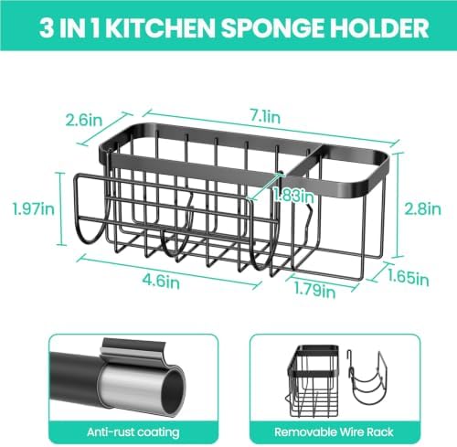 3-in-1 Sponge Holder for Kitchen Sink with Suction Cups & Adhesive