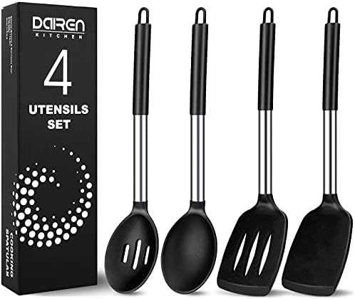 Silicone Cooking Spatula and Spoon Set, Stainless Steel