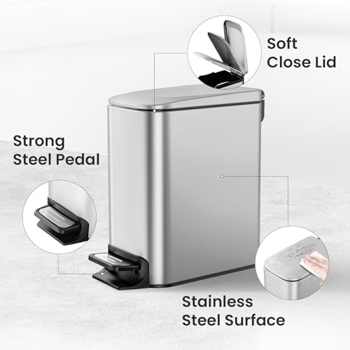 Cesun Small Bathroom Trash Can with Lid, 1.6 Gal, Sliver
