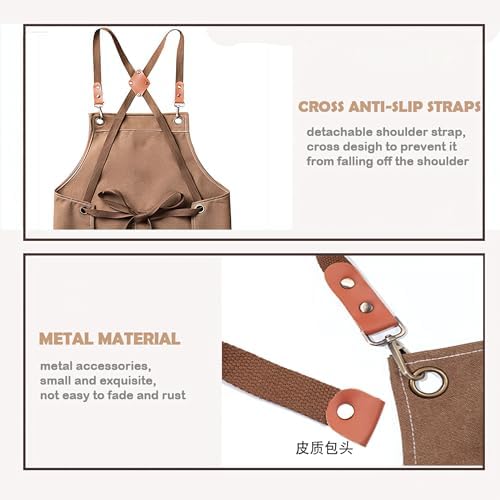 Multi-Pocket Waterproof Oil-Proof Canvas Cotton Apron Cross-Back