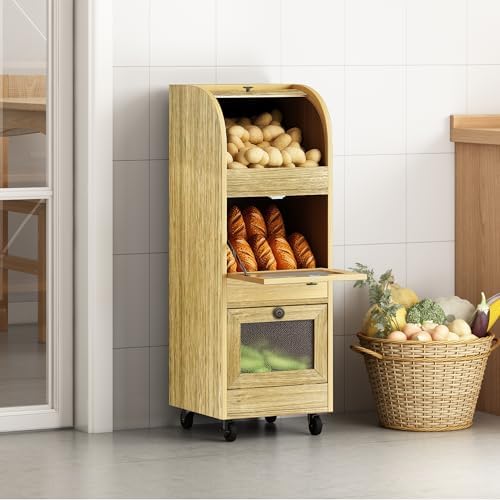 Potato & Onion Storage Bin with Wheels&Mesh Doors,3-Tier Bread