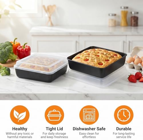 8" x 8" Baking Pan with lid, Stainless Steel Square Cake Pan 2 Pack