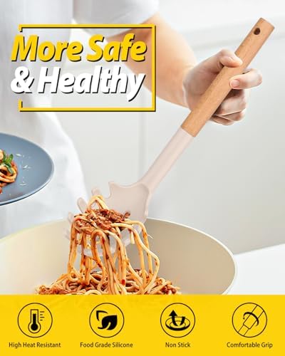 BUNDLEPRO Silicone Soup Ladle and Pasta Spoon Set, Wooden Handle