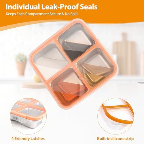 4 Pack Stainless Steel Snack Containers with Lids, 4-Compartment
