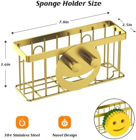 MURLONG Smiley Face Sponge Holder for Kitchen Sink, Gold