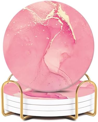Pink Ceramic Coasters Set of 4 with Gold Holder, Cute Coasters