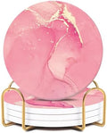Pink Ceramic Coasters Set of 4 with Gold Holder, Cute Coasters