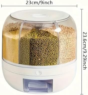 360° Rotating Grain Dispenser, 6-Grid Large Rice Storage Container (13 Lbs), One-Click Output Sealed Food Storage for Rice, Beans, Cereal - Countertop Kitchen Organization