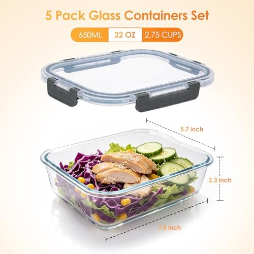 5-Pack 22 oz Glass Storage Containers with Lids, Grey