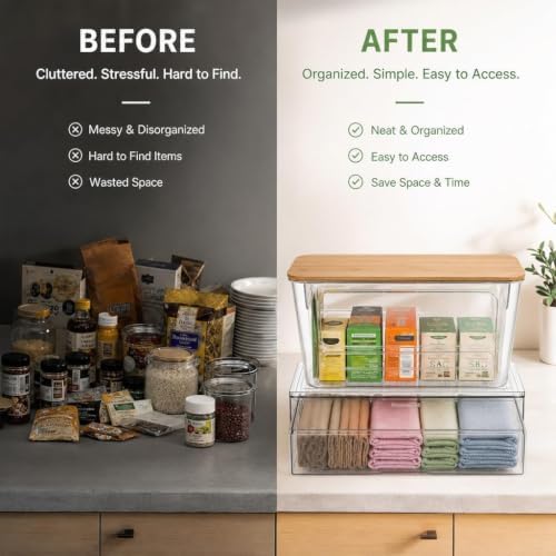 FOCHIER F 4 Pack Pantry Organizer with Bamboo Lid and Pull-Out Drawer