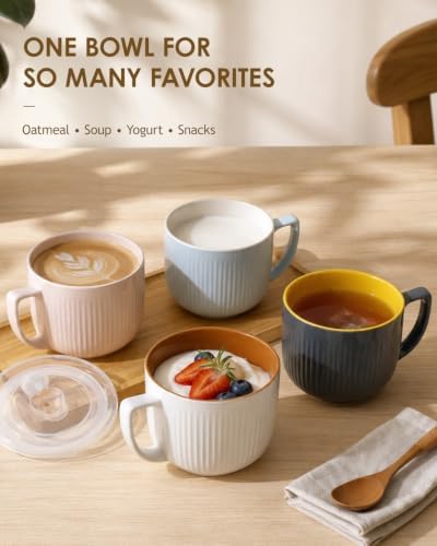 Ceramic Soup Bowl with Handle 32oz – Microwave Ramen Bowl with Lid