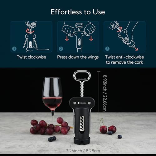 KITCHENDAO 3 in 1 Wing Corkscrew Wine Bottle Opener with Foil Cutter