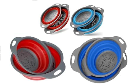 Collapsible Colander Set of 4-2 Red + 2 Blue Silicone Foldable