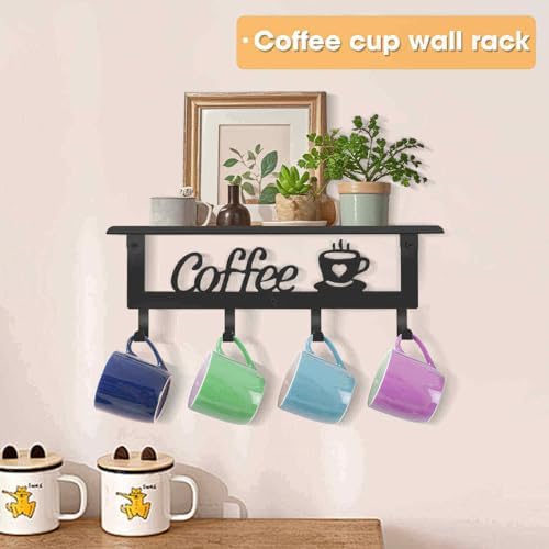 Wall Mounted Coffee Mug Holder, Black Metal with 4 Hooks, Mug Rack