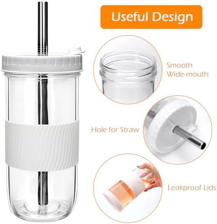 Mapoxy 6 Pack 24oz Mason Jar Cups with Lids and Straws, White Boba