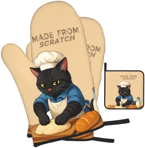 Funny Black Cat Oven Mitts and Pot Holders Set