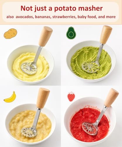 Small Potato Masher,Stainless Steel Tool Ergonomic Non‐Slip Wooden