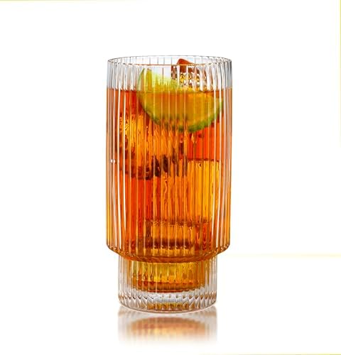 Qualia Carousel Highball Glasses Set of 4 Ribbed Glass Cups 18 oz