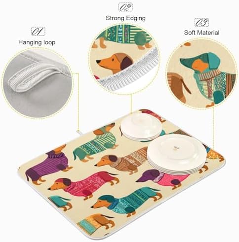 OTVEE Cute Dog Art Dish Drying Mat for Kitchen Counter Absorbent Heat