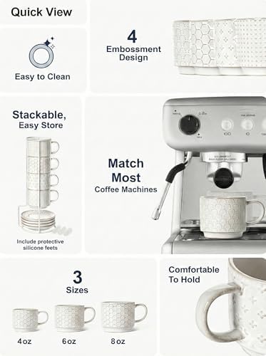 LE TAUCI 6 oz Stackable Cappuccino Cups with Saucers and Stand, Set of