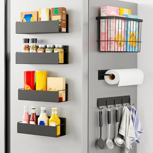 7-Pack Magnetic Spice Rack for Refrigerator, Black