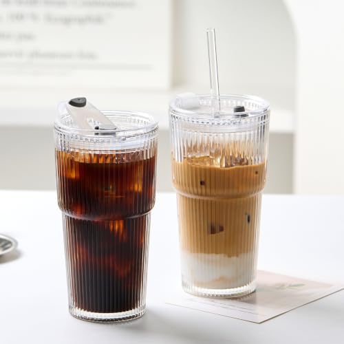 TUZAZO 4 Pack 20oz Ribbed Glass Tumblers with Lids and Straws