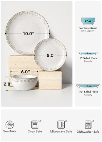 LE TAUCI Plates and Bowls Sets for 4, 12 Piece Ceramic Dinnerware Sets, Kitchen Stoneware Dish Set, Chip Resistant, Microwave & Dishwasher Safe, Beige Wheat (8"&10" Plate, 27oz Bowl)