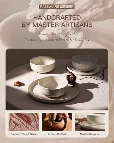 Stoneware Dinnerware Sets for 8, Reactive Glaze Plates & Bowls, Shell Beige