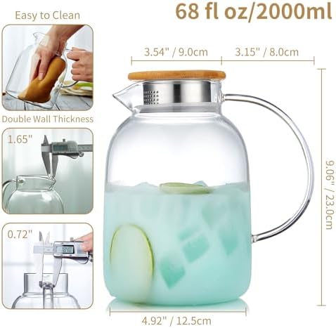 Glass Pitcher with Handle and Lid, Unbreakable 68 fl oz Glass Jar with