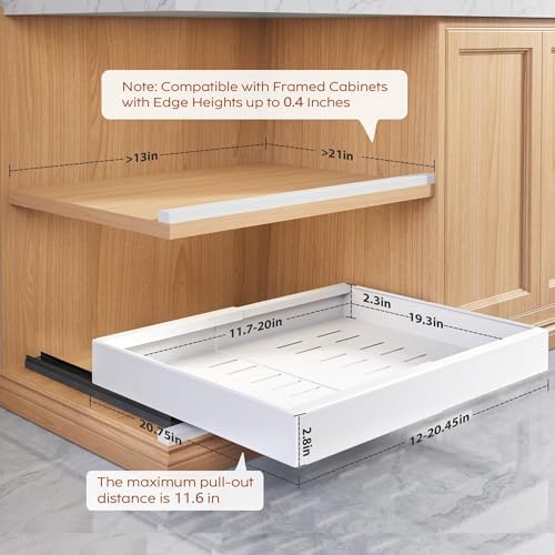 Seinloes 2 Pack Pull Out Cabinet Organizers 21"Deep with Raising Pad for Framed Cabinets,Expandable Slide Out Drawers Upgrade 3 Slide Rails,Roll Out Shelves Adhesive,Adjustable Width 12"-20.45" White