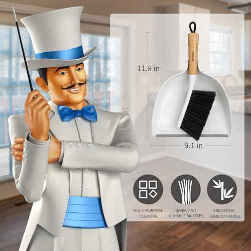 MR.SIGA Dustpan and Brush Set, Bamboo Handle, White