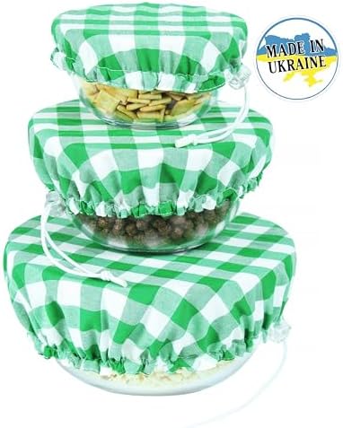Reusable Cotton Fabric Bowl Covers, Set of 3, Green Plaid