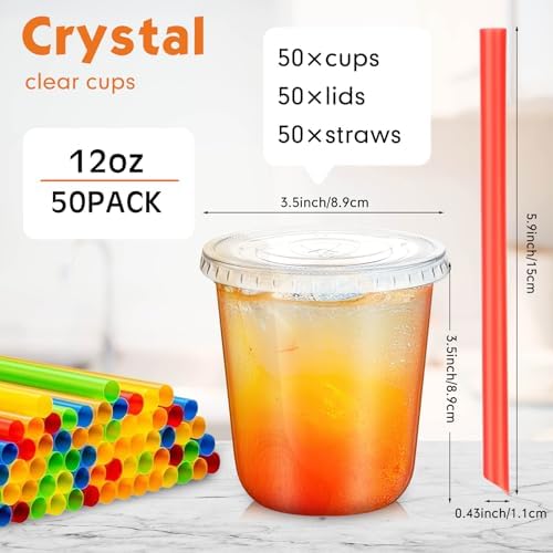 Ziliny 50 Sets 12 Oz Plastic Cups with Lids and Jumbo Straws