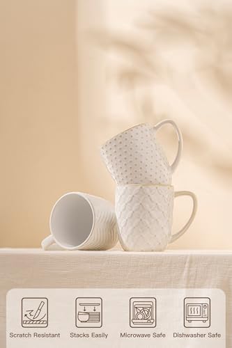 FOBENTA Ceramic Coffee Mugs Set of 4, 12oz Embossed Cups with Elegant