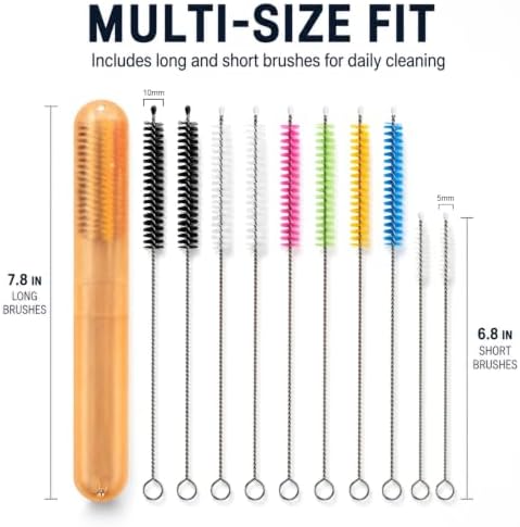 10-Piece Straw Cleaner Brush Set with Case, 304 Stainless Steel, 5-10