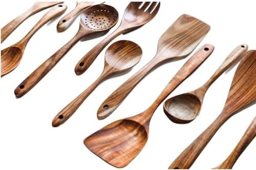 6 Piece Natural Teak Wooden Kitchen Utensil Set with Spoon Rest