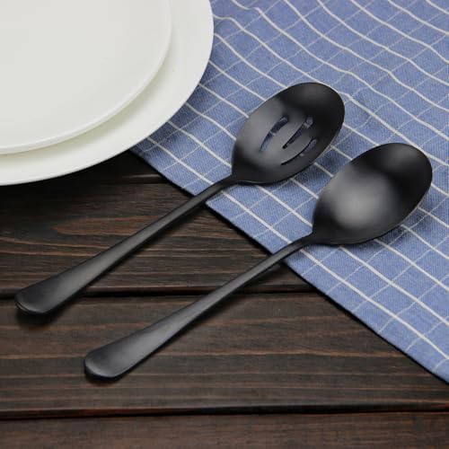 Serving Spoons Set, Black Stainless Steel, 8.7 Inch, Slotted and Solid