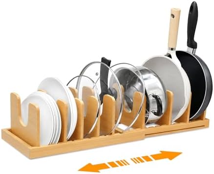 MinBoo Bamboo Expandable Pot Lid Organizer, Pot and Pan Organizer