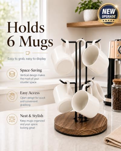360° Rotating Coffee Mug Holder, 6-Hook Mug Tree for Large Cups