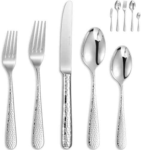 KEAWELL Premium Louise Hammered 20/45/65-Piece Silverware Set (65)