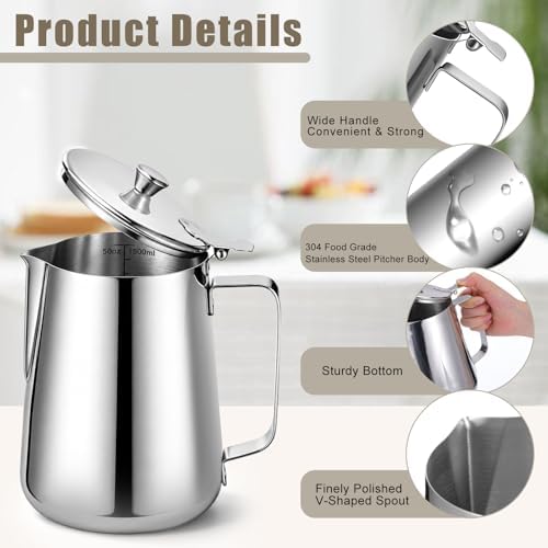 50 oz Stainless Steel Pitcher with Lid, 1.5 L Large Metal Measuring