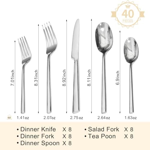 Silverware Set for 8, 40-Piece 18/0 Stainless Steel Flatware Cutlery Set