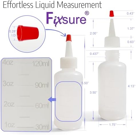 FIXSURE Plastic Squeeze Bottles with Red Tip Cap, 4 Oz Squirt Bottle