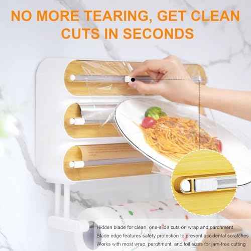4in1 Plastic Wrap Dispenser with Cutter Aluminum Foil Organizer Wrapping Paper Storage and Kitchen Towel Holder Ideal for Kitchen Organization and Countertop Space Saving