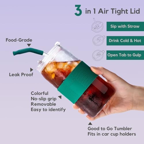 ColoVie Glass Cups with Lids and Straws, Iced Coffee Cup, Drinking