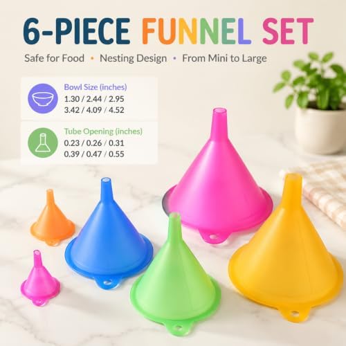6 Pcs Plastic Funnel Set for Kitchen, All Purpose, Multicolor