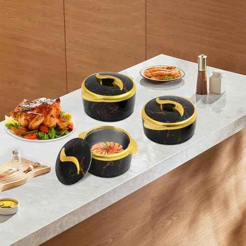 3-Piece Thermal Dish Set with Lids, Insulated Serving Bowls for Hot & Cold Food, 0.66/0.53/0.4 Gal Hot Food Container Set for Buffets, Parties, Home Kitchen Use (Black)