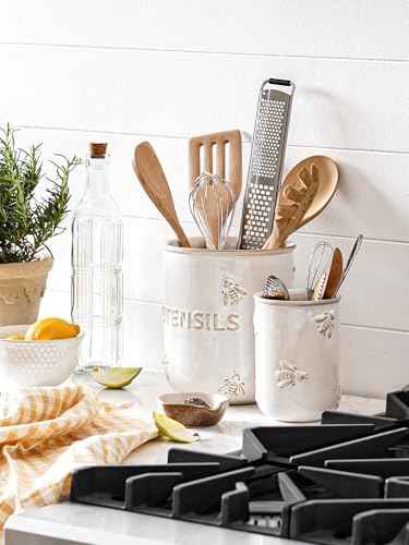 LE TAUCI Kitchen Utensil Holder Set of 2 - 6.9"+5.3" Large Ceramic Cooking Utensil Crock & Organizer for Spatula, Spoon, Whisk - Farmhouse Countertop Storage, Arctic White, Embossed, Bee